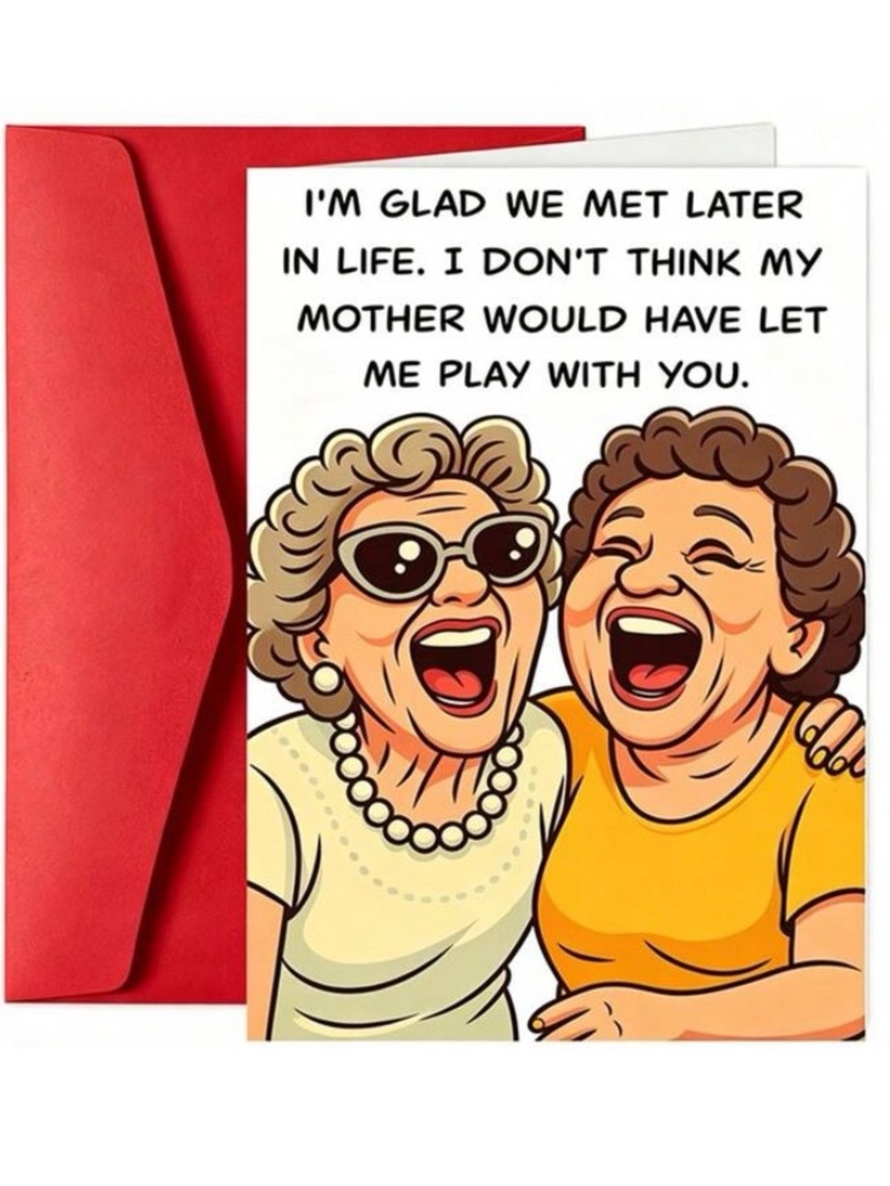 Humorous Friendship Greeting Card — Yellow & Cream Illustration w Red Envelope